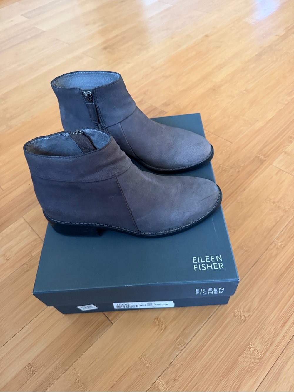 Eileen Fisher Slate Gray Suede Zip Ankle Boots